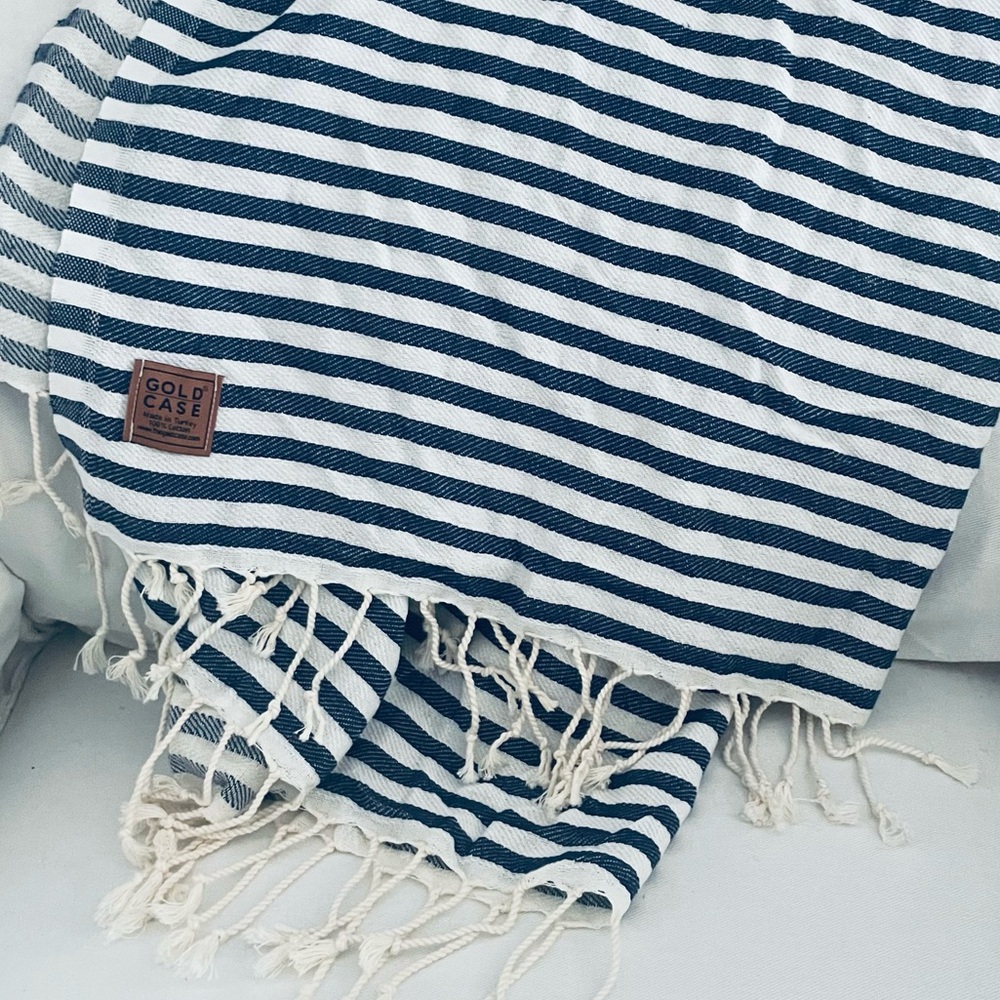 Gold Case Blue and White Stripe Turkish fringe Cotton Peshtamel Towel Wrap - Picture 13 of 16